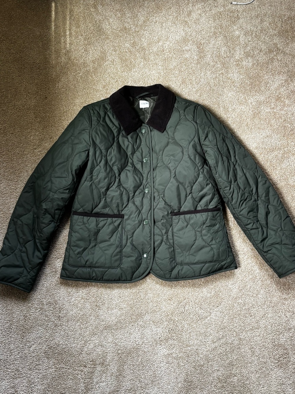 J. Crew Quilted Puffer Jacket in Dark Green with Black Collar